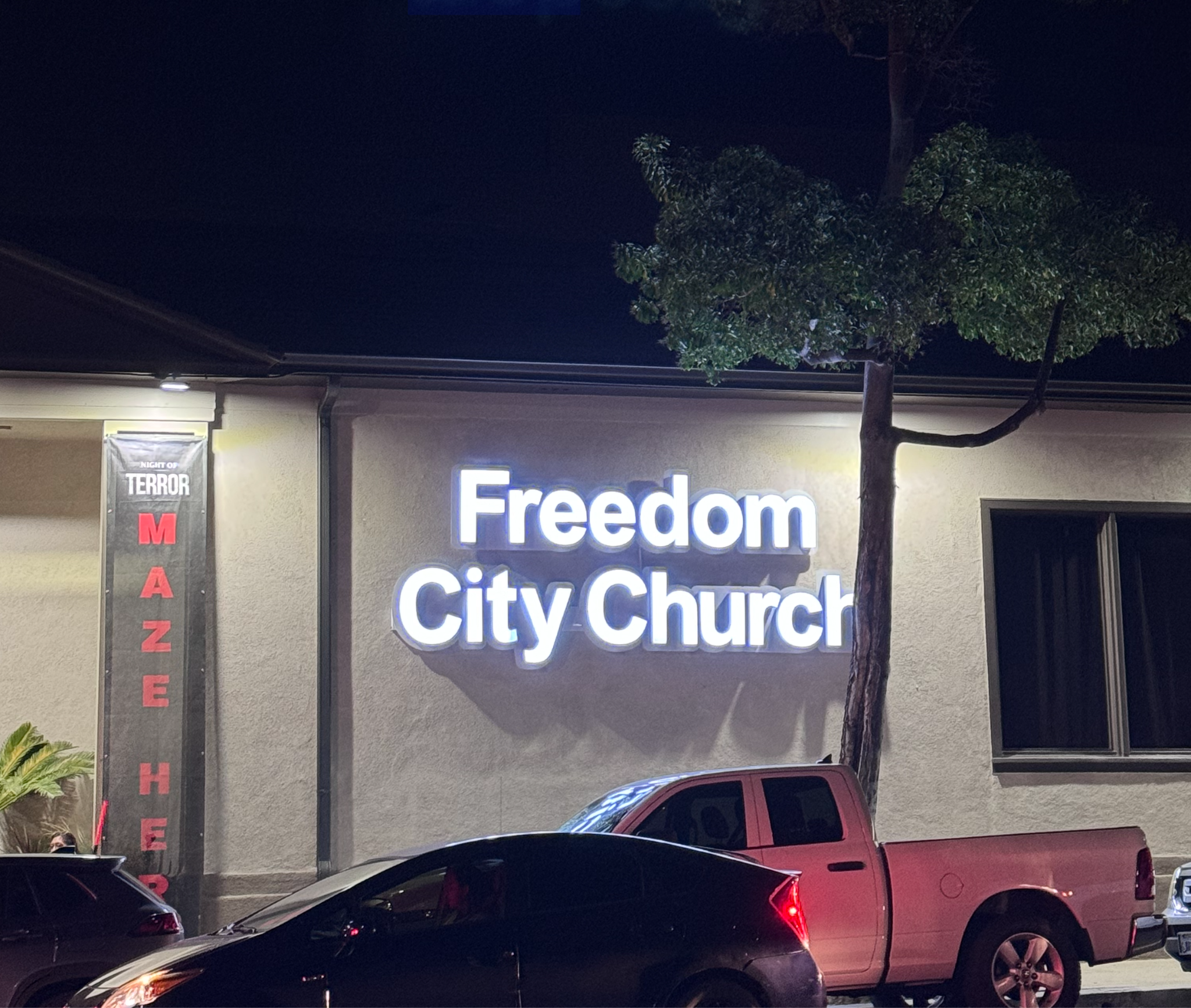 Outside of Freedom City Church, a bog standard building that could be any business