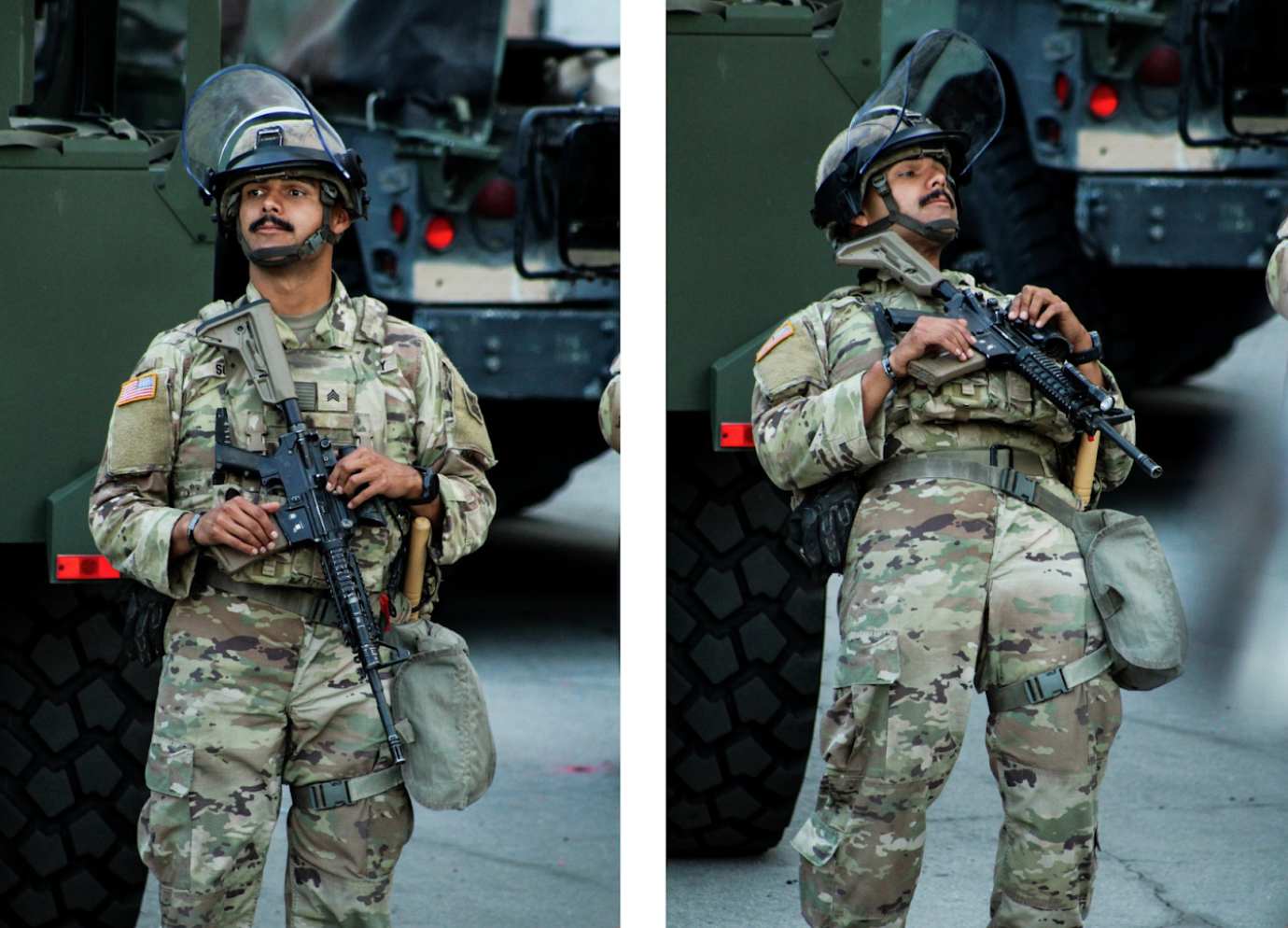 A bored-looking guy in camouflage stretching