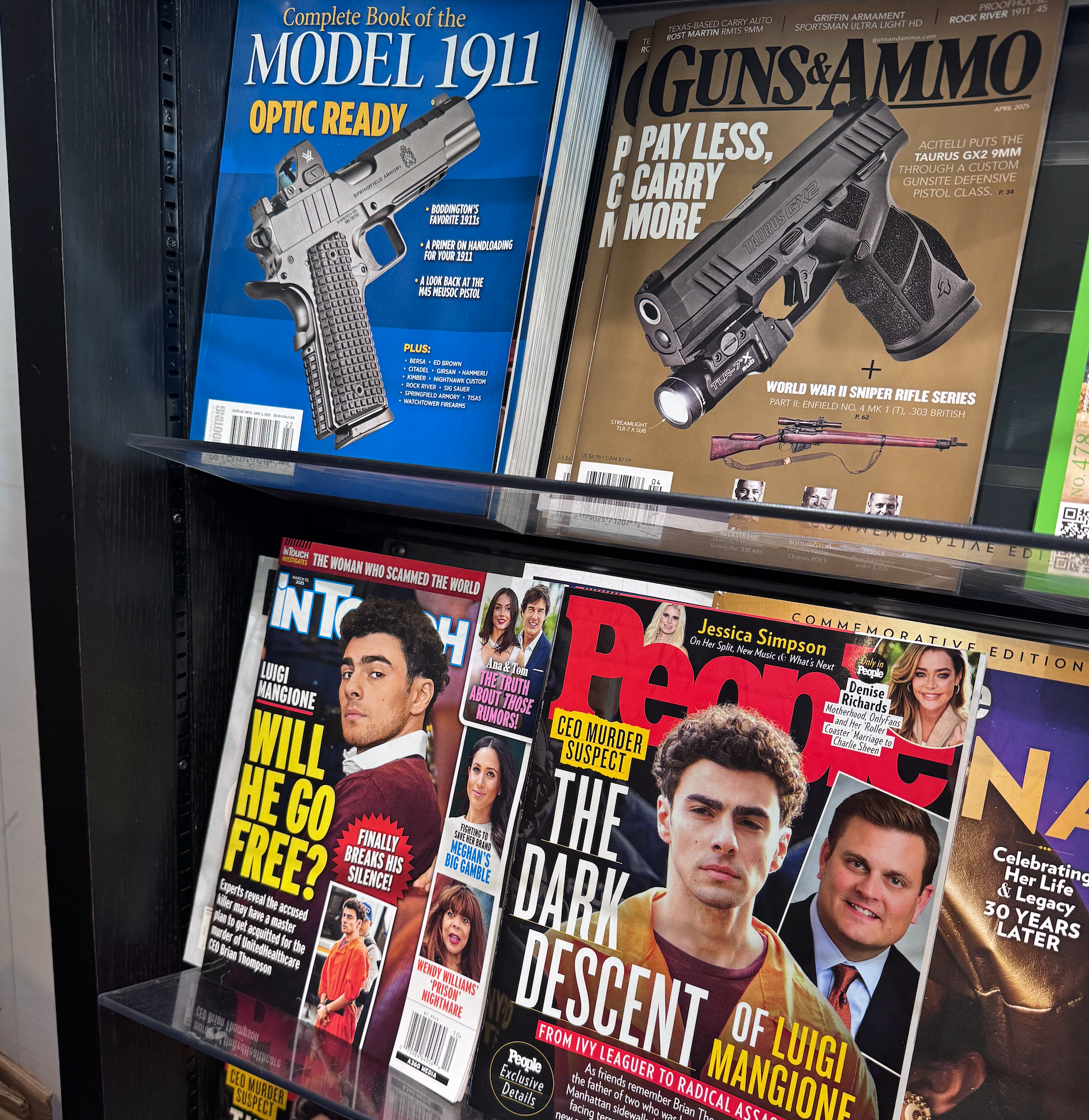 Guns magazines and People magazine with Luigi on the cover.