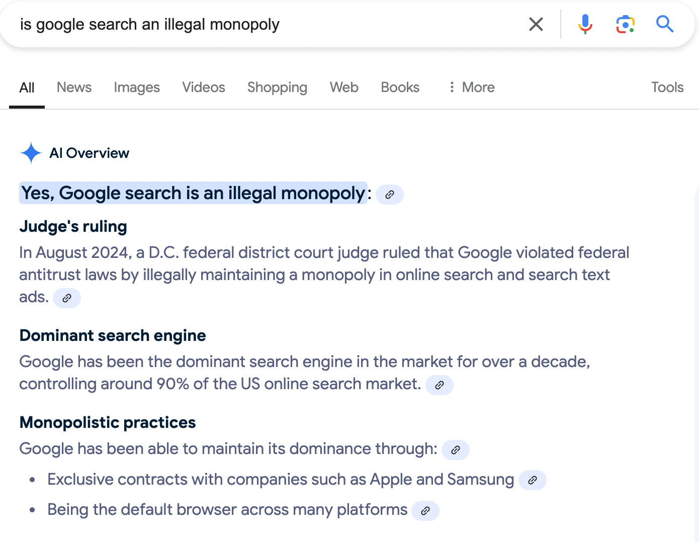 Asking Google Search if it's an illigal monopoly (it says yes)