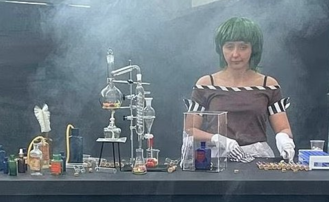 The sad oompa loompa next to a chemistry set