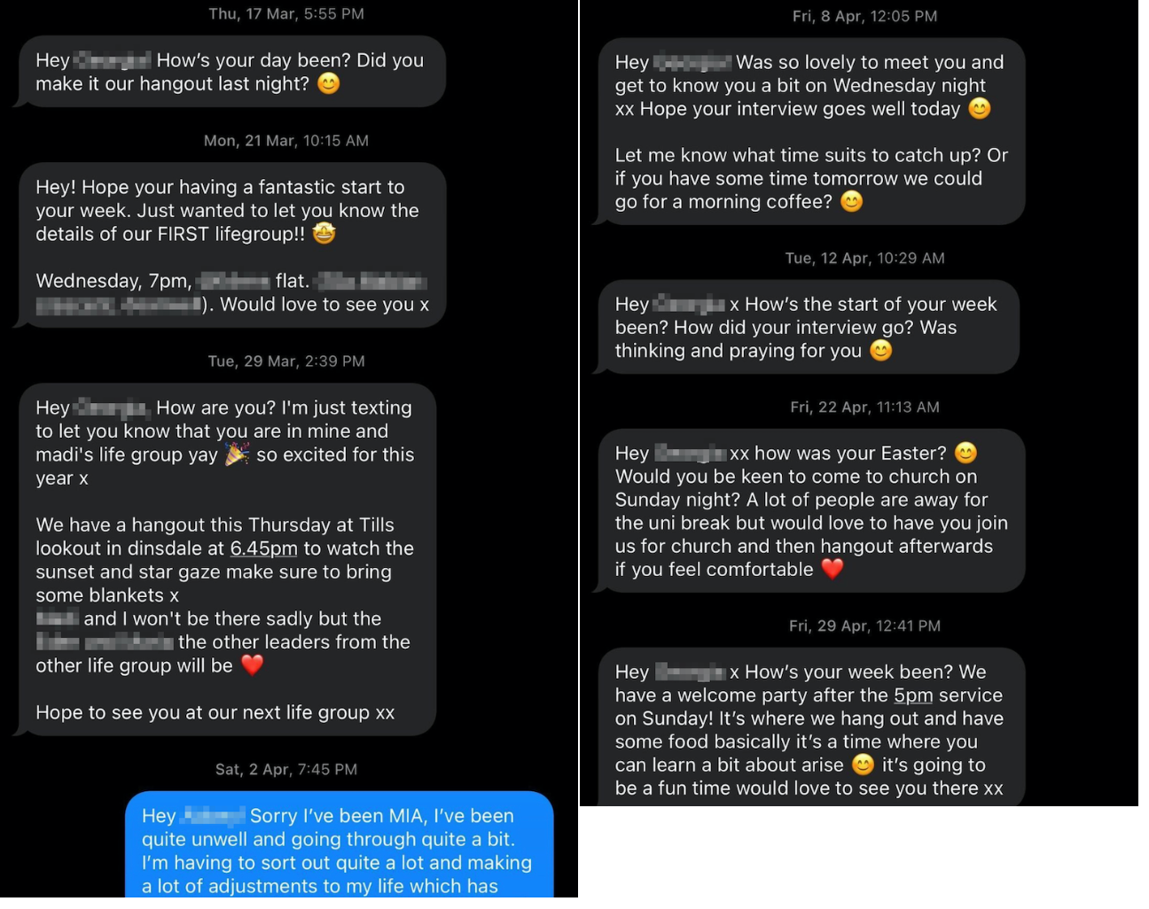 Just an endless string of annoying messaging couched as friendliness to attend Arise services. They persisted even when the receiver said they were going through stuff and making adjustments