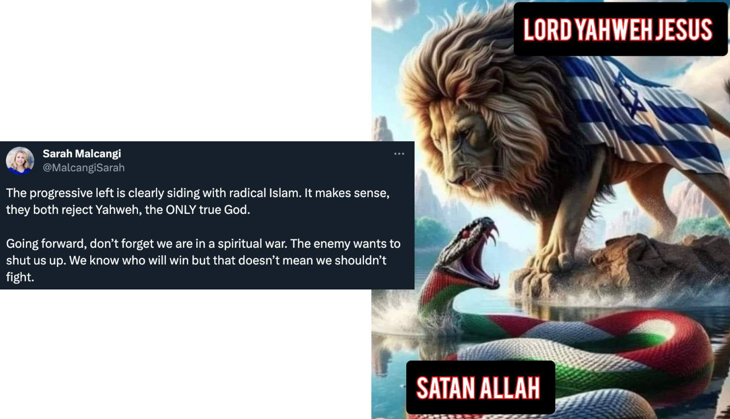 Tweet reading: "The progressive left is clearly siding with radical Islam. It makes sense, they both reject Yahweh, the ONLY true God. Going forward, don’t forget we are in a spiritual war. The enemy wants to shut us up. We know who will win but that doesn’t mean we shouldn’t fight."
