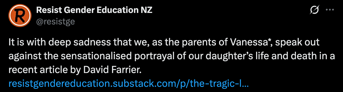 "It is with deep sadness that we, as the parents of Vanessa*, speak out against the sensationalised portrayal of our daughter’s life and death in a recent article by David Farrier."
