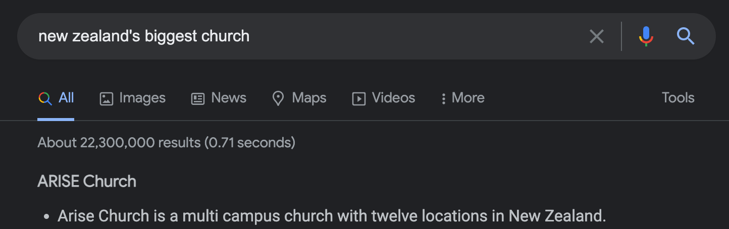 When you Google NZs biggest church it comes back with Arise