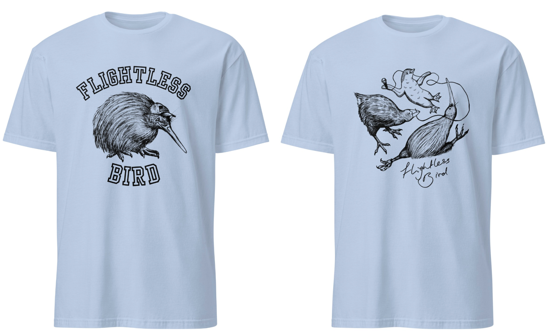 The design on the right features a kiwi bird with an American trucker cap on and the words Flightless Bird in bold. The design on the right shows 3 NZ classic flightless birds and the words "Flightless Bird" in cursive text