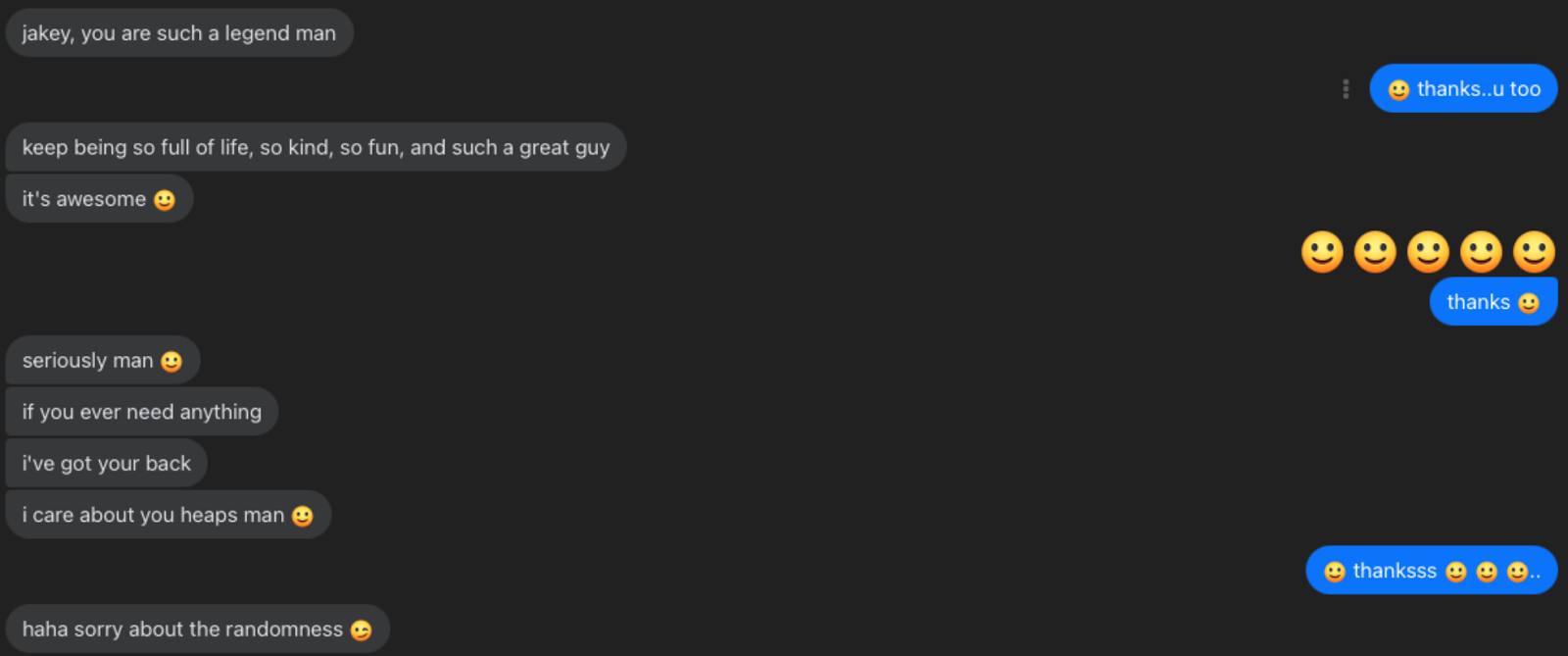 Chat log between the Josh and Jake. “If you ever need anything I got your back”