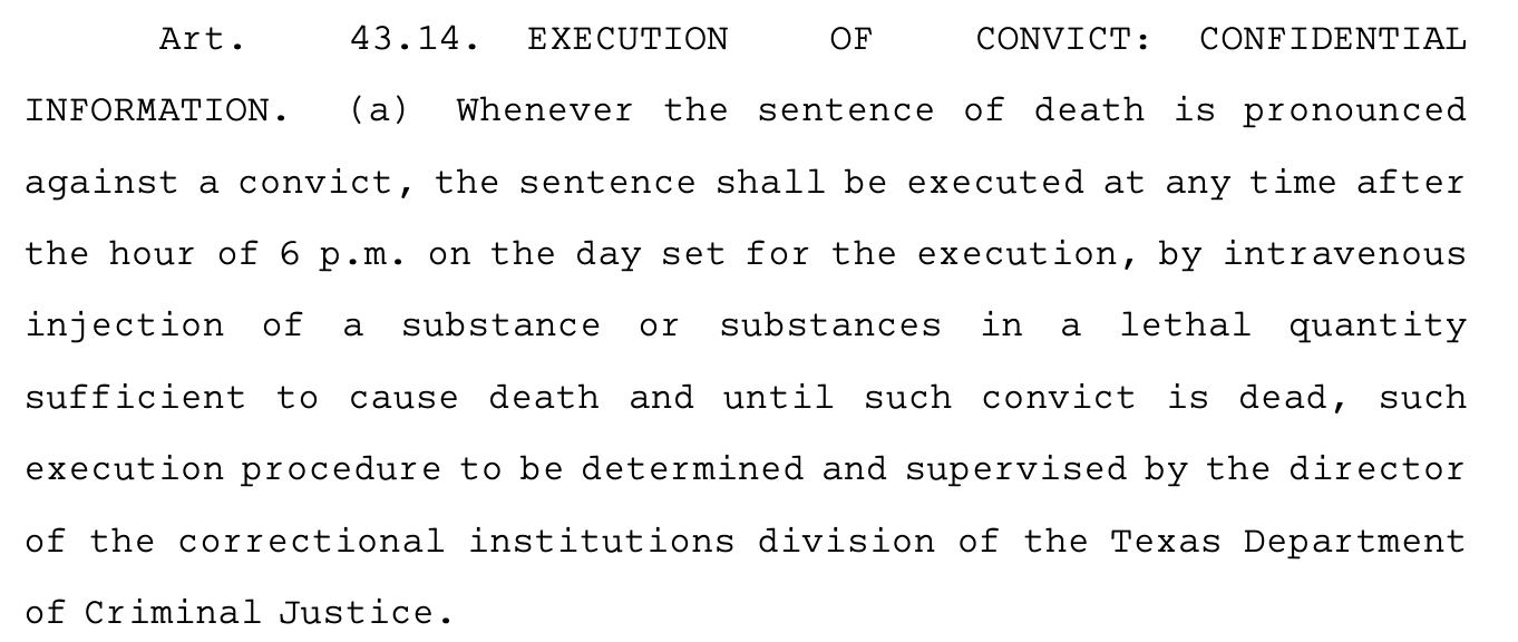 "Whenever the sentence of death is pronounced against a convict, the sentence shall be executed at any time after the hour of 6 p.m. on the day set for the execution, by intravenous injection of a substance or substances in a lethal quantity sufficient to cause death and until such convict is dead"
