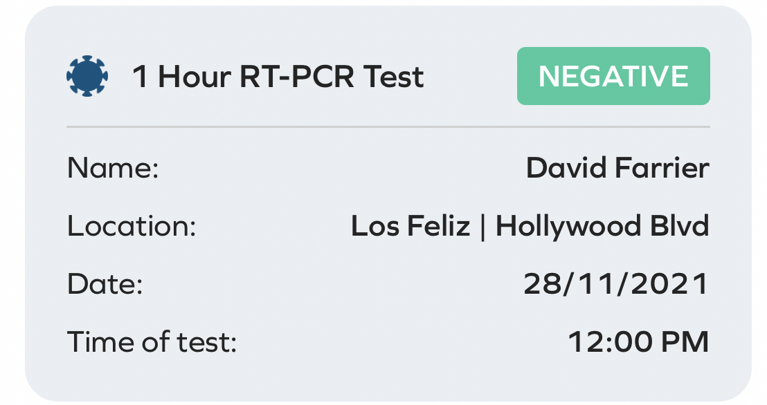 1 Hour RT-PCR Test: NEGATIVE