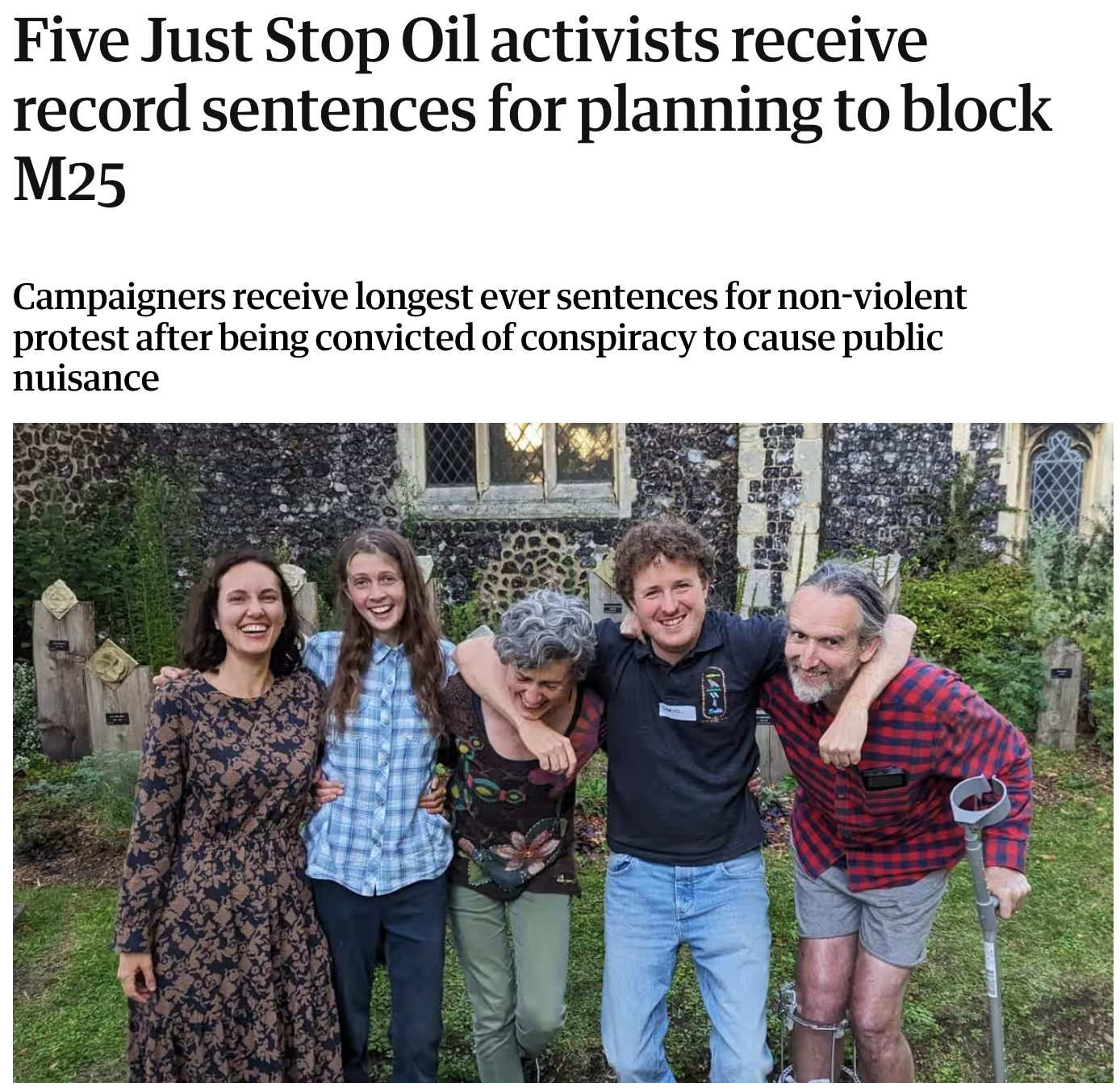 Headline: "Five Just Stop Oil activists receive record sentences for planning to block M25"