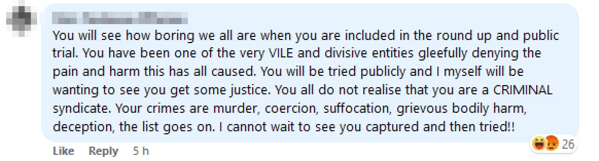 “You will see how boring we all are when you are included in the round up and public trial…” was posted on public Facebook page