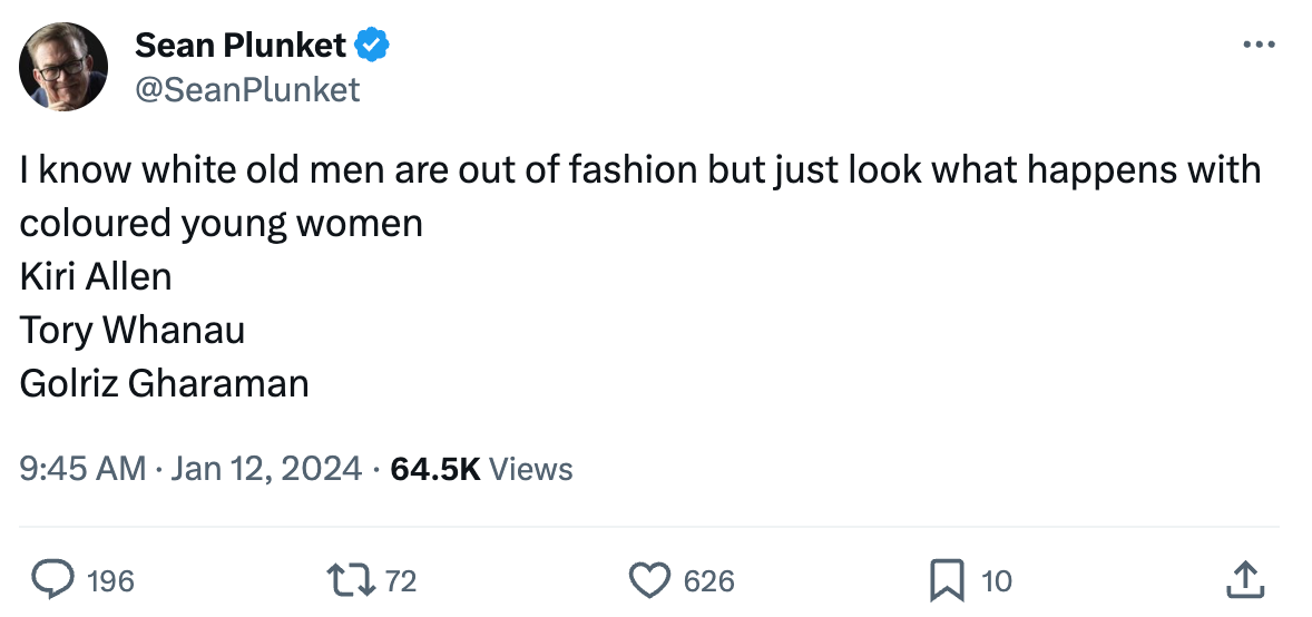 "I know white old men are out of fashion but just look what happens with coloured young women Kiri Allen Tory Whanau Golriz Gharaman"