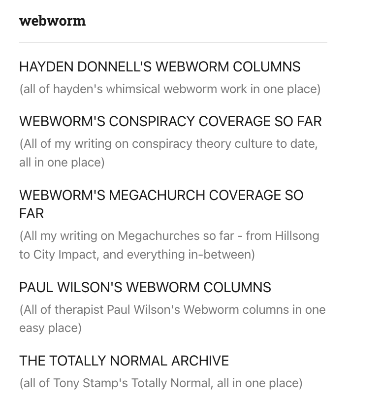 Screenshot showing the quicklinks on the main Webworm page
