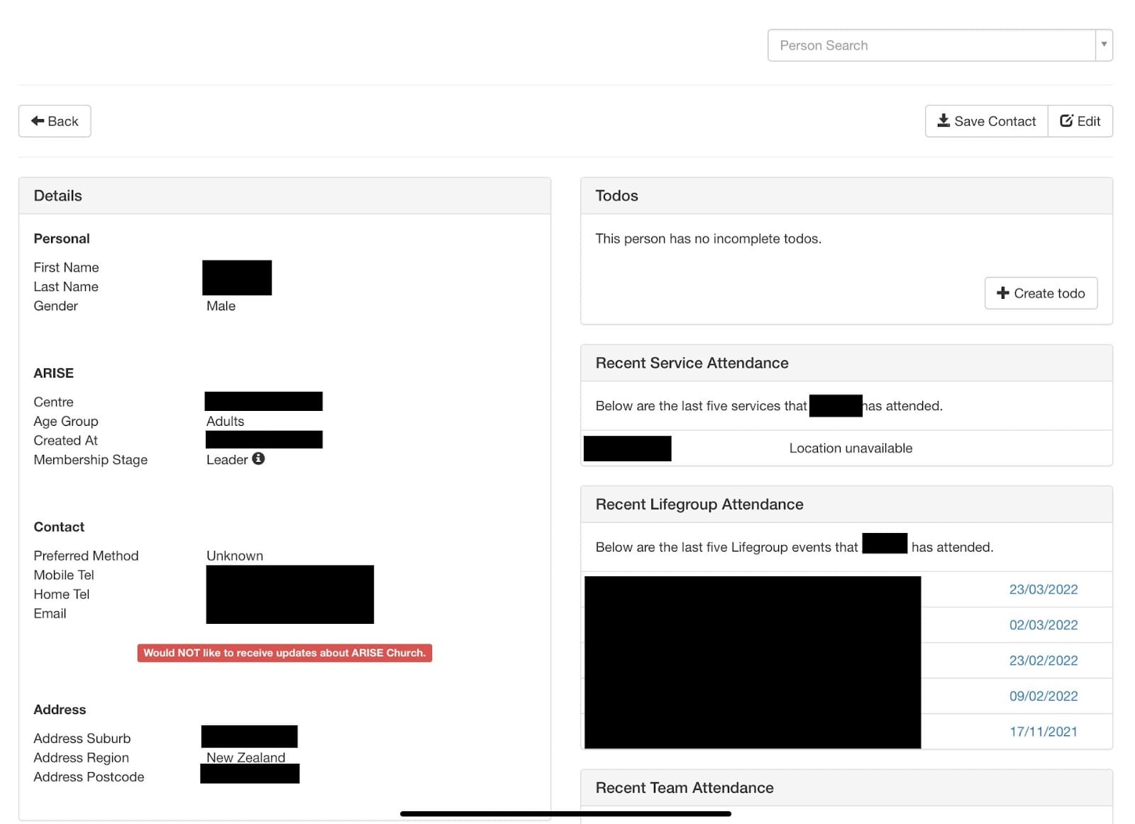 The Flocks database: Personal info, Contact details, Recent Service Attendance 