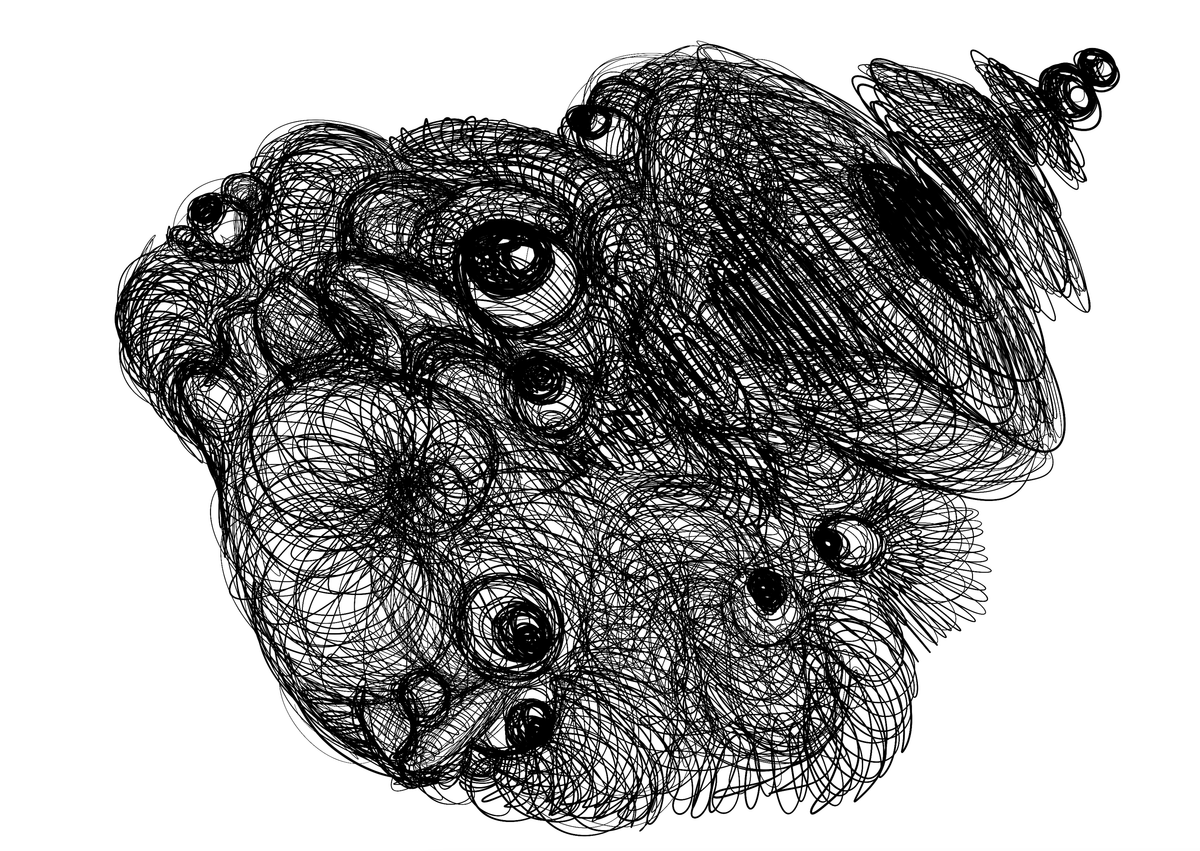 A swirling vortex of lines drawn in biro, with eyes emerging and staring